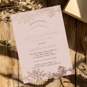 Roze Gouden Blush Roze Vintage Elegante Quinceaner Folie Uitnodiging