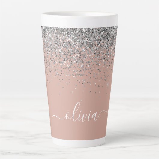 Roze Gouden Blush Roze Zilver Glitter Monogram Latte Mok (Voorkant)