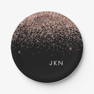 Roze Gouden Blush Roze Zwarte Glitter Monogram Papieren Bordje