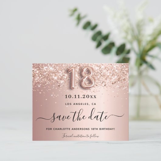 Roze gouden blush save the date kaart voor 18e ver (Staand voorkant)