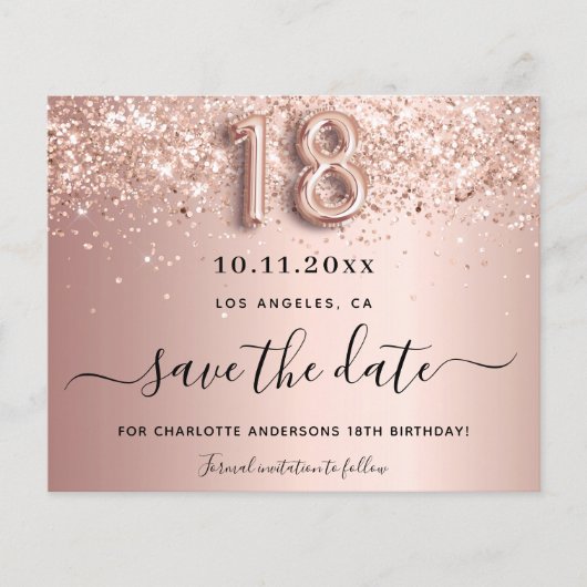 Roze gouden blush save the date kaart voor 18e ver (Voorkant)
