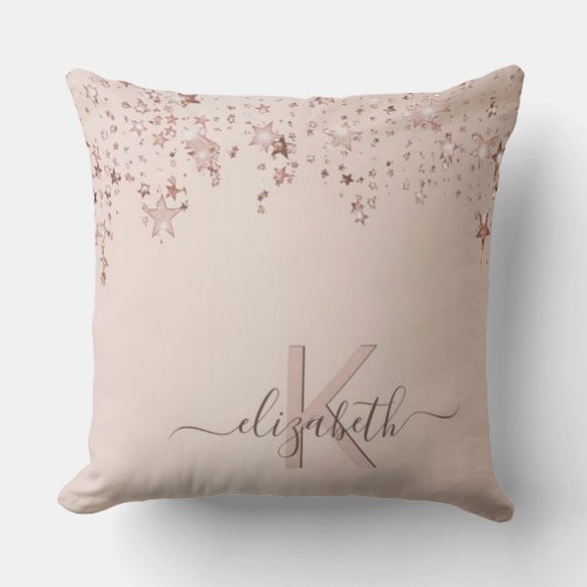 Roze Gouden Blush Sterren Monogram Naam Kussen (Voorkant)
