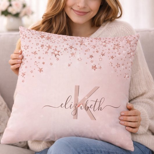 Roze Gouden Blush Sterren Monogram Naam Worp Kusse Kussen