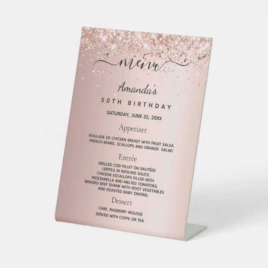 Roze gouden blush verjaardagsfeest diner menu reclamebord met voetstuk (Voorkant)