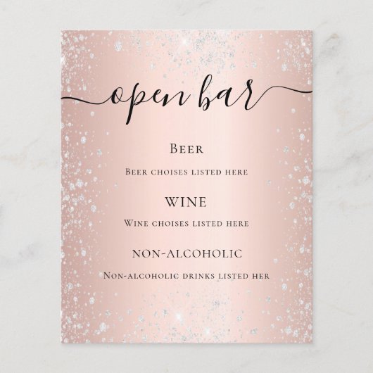 Roze gouden blush zilveren glitter budget bar menu (Voorkant)
