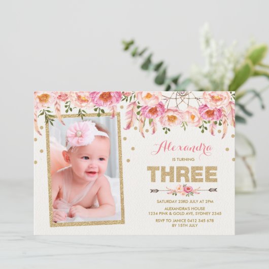 Roze Gouden Boheemse Bloemen 3e Verjaardag Uitnodi Kaart (Staand voorkant)
