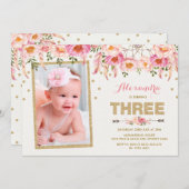 Roze Gouden Boheemse Bloemen 3e Verjaardag Uitnodi Kaart (Voorkant / Achterkant)