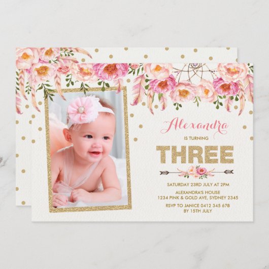 Roze Gouden Boheemse Bloemen 3e Verjaardag Uitnodi Kaart (Voorkant / Achterkant)