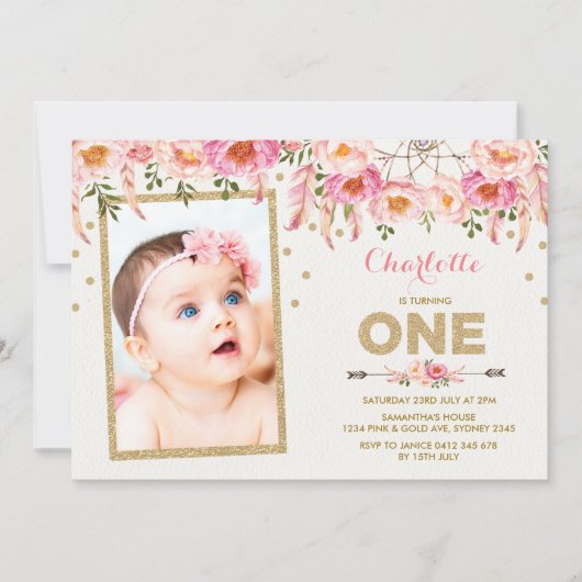 Roze Gouden Boho Bloemen Eerste 1e Verjaardag Uitn Kaart (Voorkant)