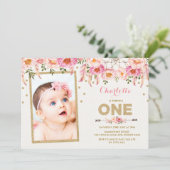 Roze Gouden Boho Bloemen Eerste 1e Verjaardag Uitn Kaart (Staand voorkant)
