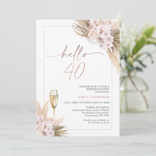 Roze Gouden Boho Droge Bloemige Pampas 40e Verjaar Kaart (Staand voorkant)