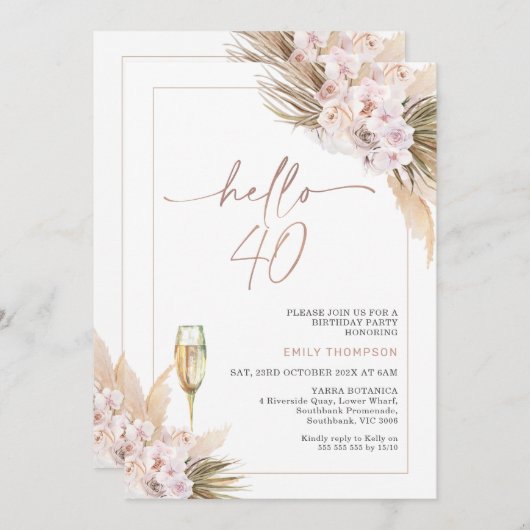 Roze Gouden Boho Droge Bloemige Pampas 40e Verjaar Kaart (Voorkant / Achterkant)