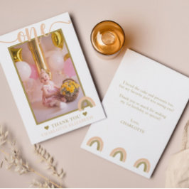Roze Gouden Boho Regenboog Eerste Verjaardag Foto Bedankkaart