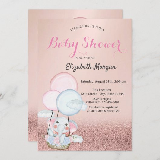 Roze Gouden Bokeh, Olifant Luchtballon Baby Shower Kaart (Voorkant / Achterkant)