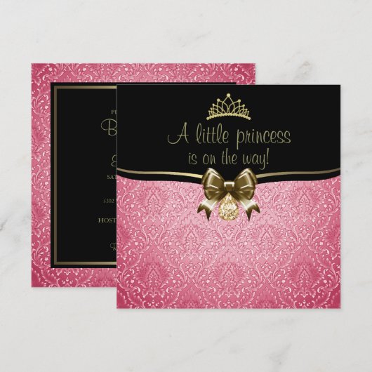 Roze & Gouden Boog/Damask Baby shower Uitnodiging (Voorkant / Achterkant)