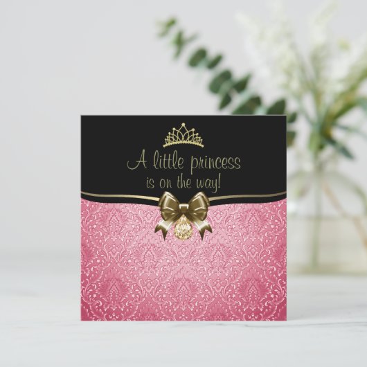 Roze & Gouden Boog/Damask Baby shower Uitnodiging (Staand voorkant)