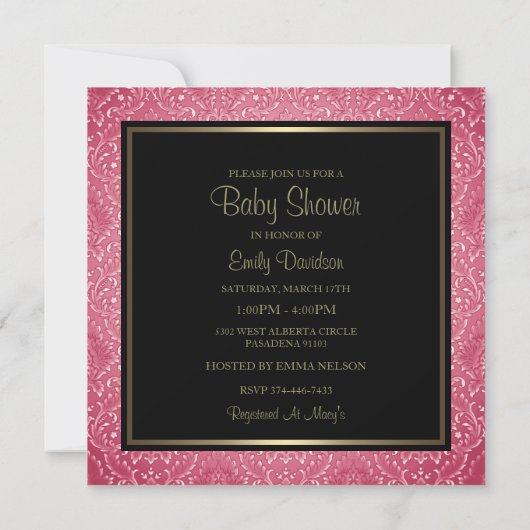 Roze & Gouden Boog/Damask Baby shower Uitnodiging (Achterkant)