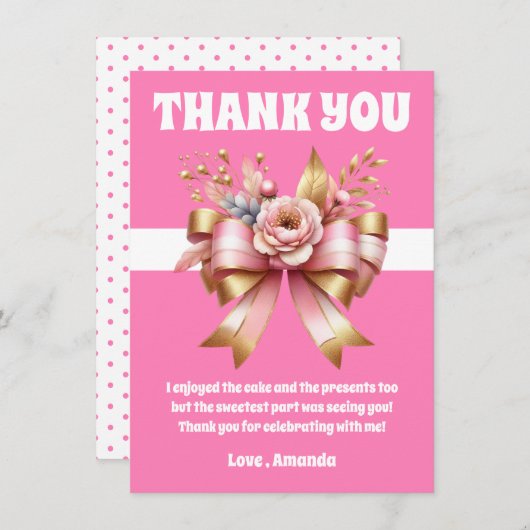 Roze gouden boog eerste verjaardag bedankkaart (Voorkant / Achterkant)