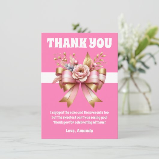 Roze gouden boog eerste verjaardag bedankkaart (Staand voorkant)