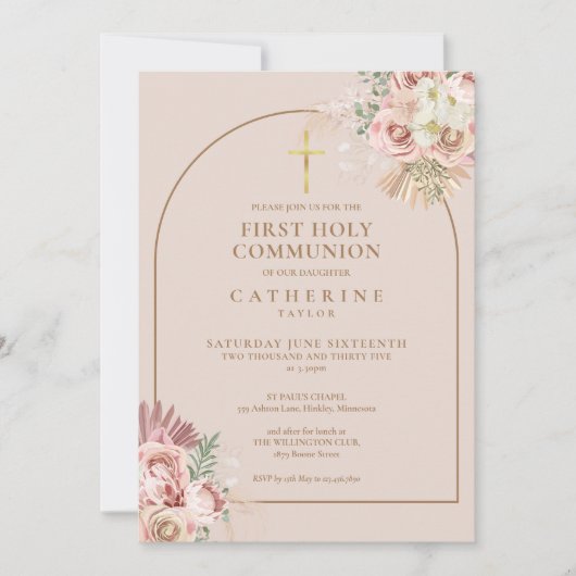 Roze Gouden Boog Pampas Gras Eerste Heilige Commun Kaart (Voorkant)