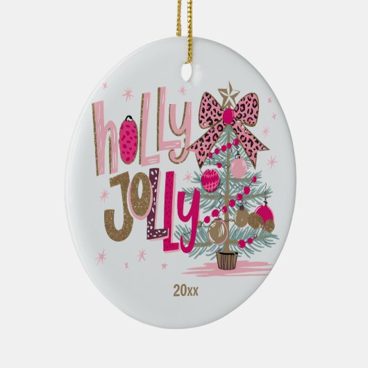 Roze Gouden Boom Holly Jolly Christmas Keramisch Ornament (Rechts)
