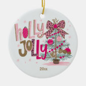 Roze Gouden Boom Holly Jolly Christmas Keramisch Ornament (Voorkant)