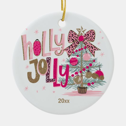 Roze Gouden Boom Holly Jolly Christmas Keramisch Ornament (Voorkant)