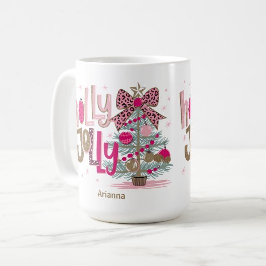 Roze Gouden Boom Holly Jolly Christmas Koffiemok (Voorkant links)