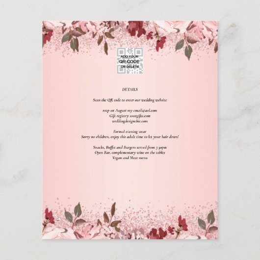 Roze Gouden Bordeaux Roze Bloemige Trouw Uitnodigi (Achterkant)