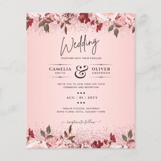 Roze Gouden Bordeaux Roze Bloemige Trouw Uitnodigi (Voorkant)