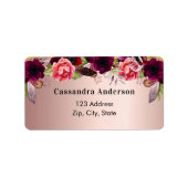 Roze gouden bordeauxrode bloemen retouradres etiket (Voorkant)