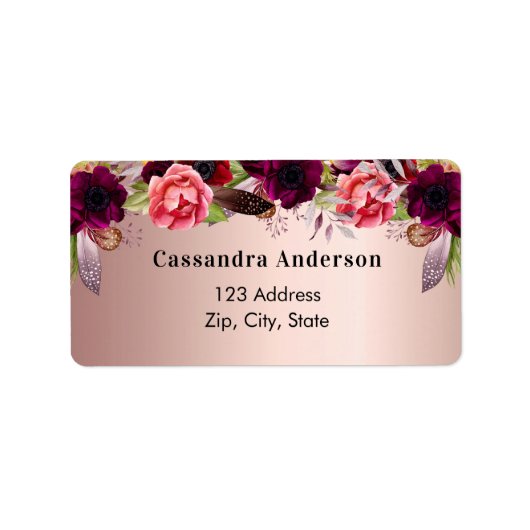 Roze gouden bordeauxrode bloemen retouradres etiket (Voorkant)