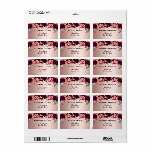 Roze gouden bordeauxrode bloemen retouradres etiket (Full Sheet)
