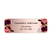 Roze gouden bordeauxrode bloemen retouradreslabel etiket (Voorkant)
