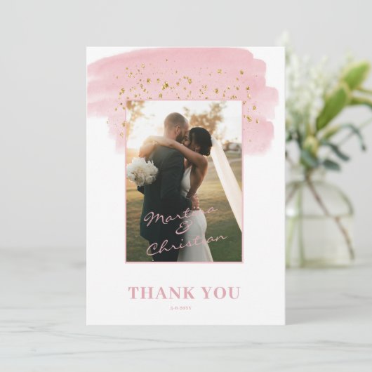 Roze Gouden Borstel Bruiloft Bedankkaart (Staand voorkant)