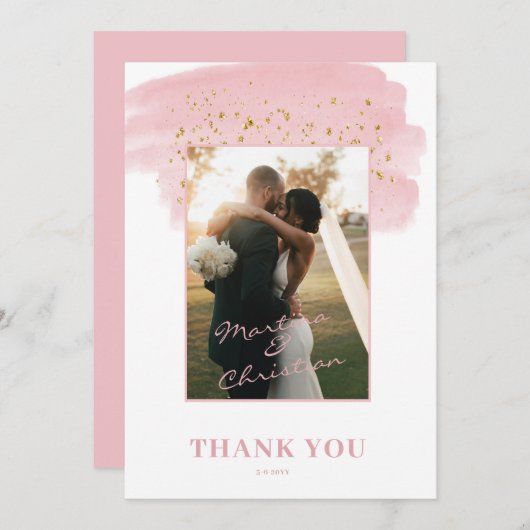 Roze Gouden Borstel Bruiloft Bedankkaart (Voorkant / Achterkant)
