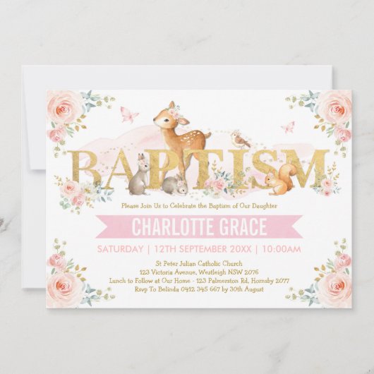 Roze Gouden Bos Dieren Blush Bloemen Doop Kaart (Voorkant)