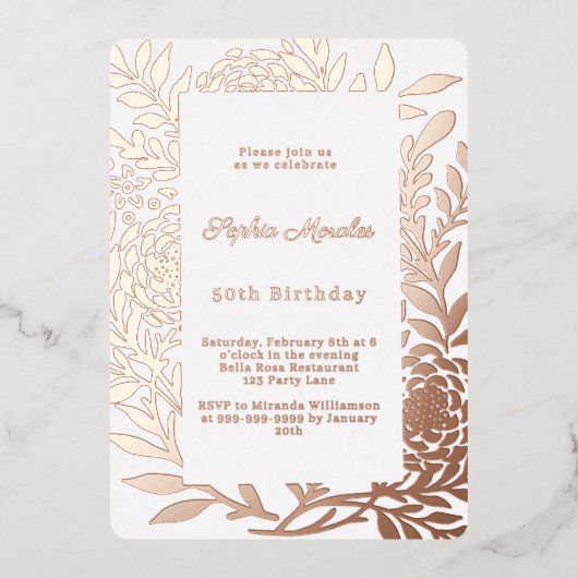 Roze gouden botanische luxe verjaardag folie uitnodiging (Voorkant)