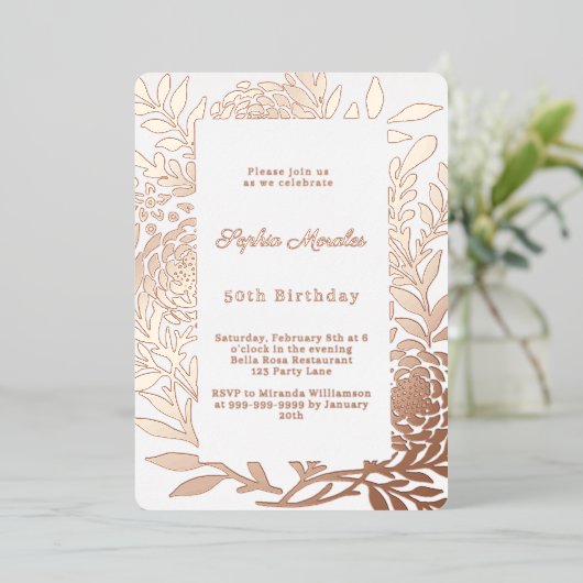 Roze gouden botanische luxe verjaardag folie uitnodiging (Staand Voorkant)