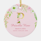 Roze & Gouden Brief "P" Bloemen Monogram Geboorte  Keramisch Ornament (Voorkant)