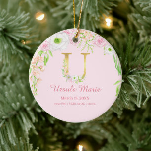 Roze & Gouden Brief "U" Bloemen Monogram Geboorte  Keramisch Ornament