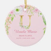 Roze & Gouden Brief "U" Bloemen Monogram Geboorte Keramisch Ornament (Voorkant)