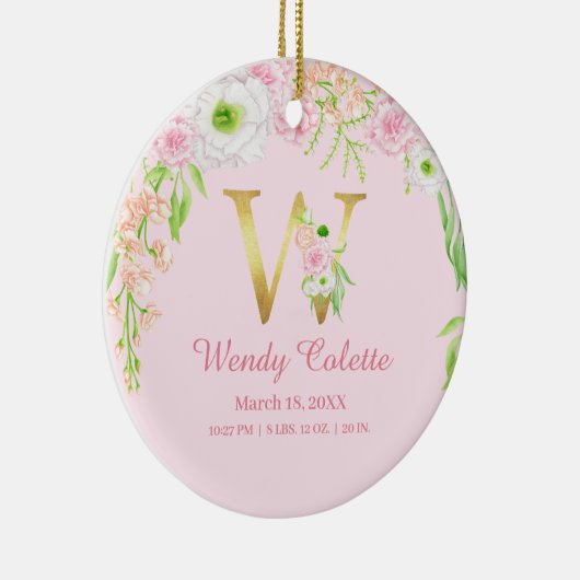 Roze & Gouden Brief "W" Bloemen Monogram Geboorte  Keramisch Ornament (Rechts)
