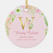 Roze & Gouden Brief "W" Bloemen Monogram Geboorte  Keramisch Ornament (Voorkant)