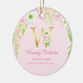 Roze & Gouden Brief "W" Bloemen Monogram Geboorte  Keramisch Ornament (Links)
