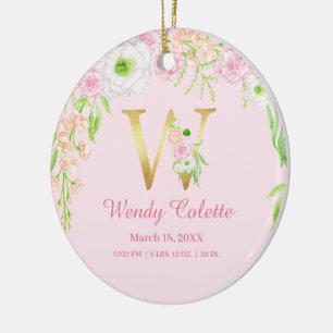 Roze & Gouden Brief "W" Bloemen Monogram Geboorte  Keramisch Ornament
