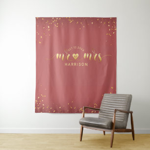Roze Gouden Bruid en Bruidegom Fotohokje Tapijt Wandkleed