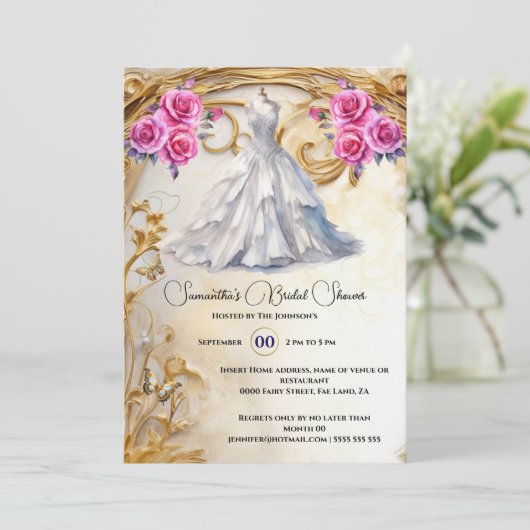 Roze gouden bruidsjurk rozen luxe bloemen kaart (Staand voorkant)