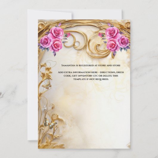 Roze gouden bruidsjurk rozen luxe bloemen kaart (Achterkant)
