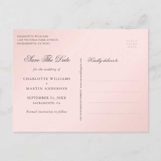 Roze gouden bruidskleur bruiloft bespaart de datum aankondigingskaart (Achterkant)
